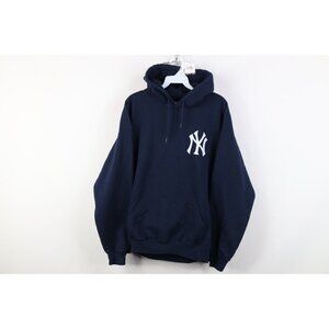 Vintage 90s Y2K Mens Large Distressed New York Yankees Baseball Hoodie Blue